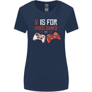 V is For Video Games Funny Gaming Gamer Womens Wider Cut T-Shirt Navy Blue
