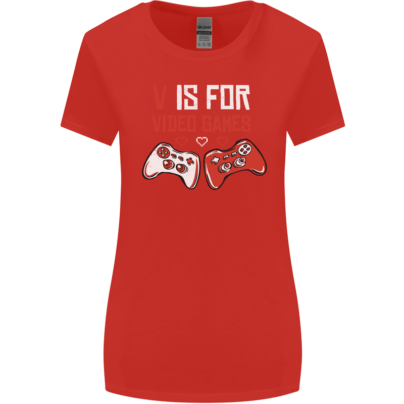 V is For Video Games Funny Gaming Gamer Womens Wider Cut T-Shirt Red