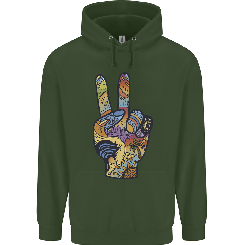 Vacation Peace Gesture Holiday Travel Mens 80% Cotton Hoodie Forest Green