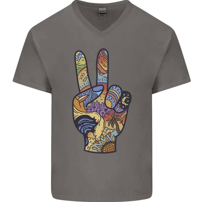 Vacation Peace Gesture Holiday Travel Mens V-Neck Cotton T-Shirt Charcoal