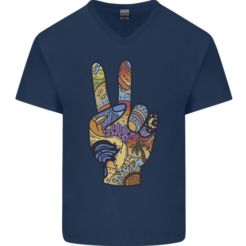 Vacation Peace Gesture Holiday Travel Mens V-Neck Cotton T-Shirt Navy Blue