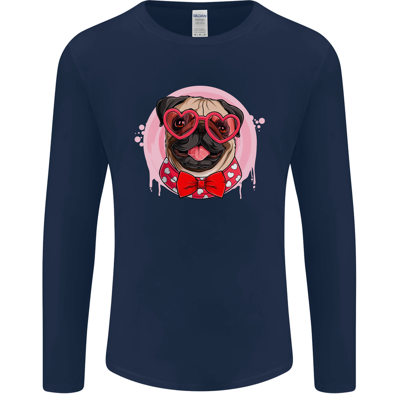 Valentines Day Love Pug Dog Mens Long Sleeve T-Shirt Navy Blue