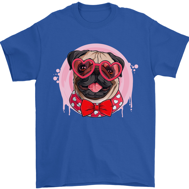 Valentines Day Love Pug Dog Mens T-Shirt 100% Cotton Royal Blue