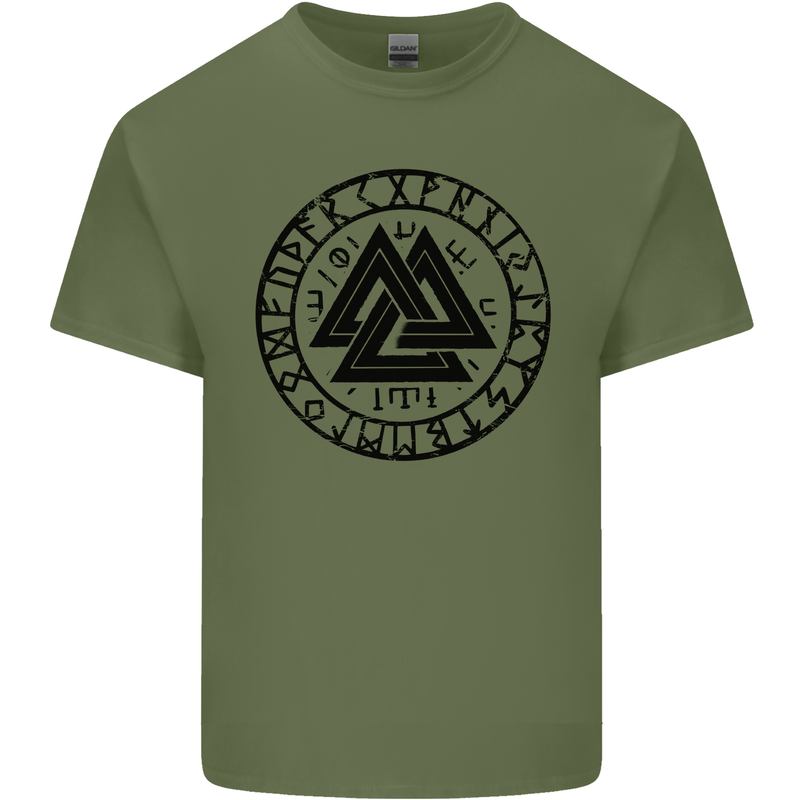 Valknut Circle With Viking Text Black Print Mens Cotton T-Shirt Tee Top Military Green