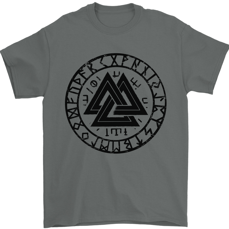 Valknut Circle With Viking Text Black Print Mens T-Shirt 100% Cotton Charcoal