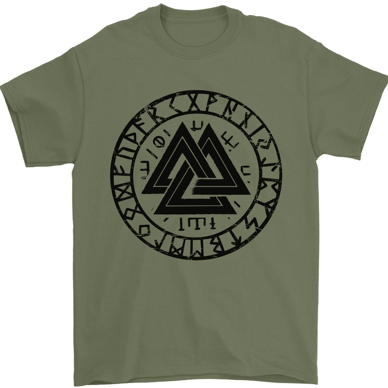 Valknut Circle With Viking Text Black Print Mens T-Shirt 100% Cotton Military Green