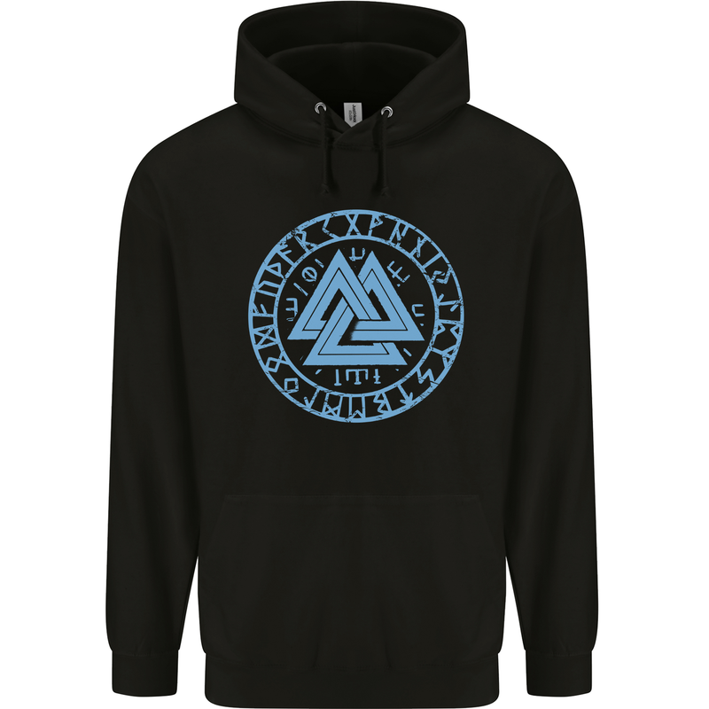 Valknut Circle With Viking Text Blue Print Childrens Kids Hoodie Black