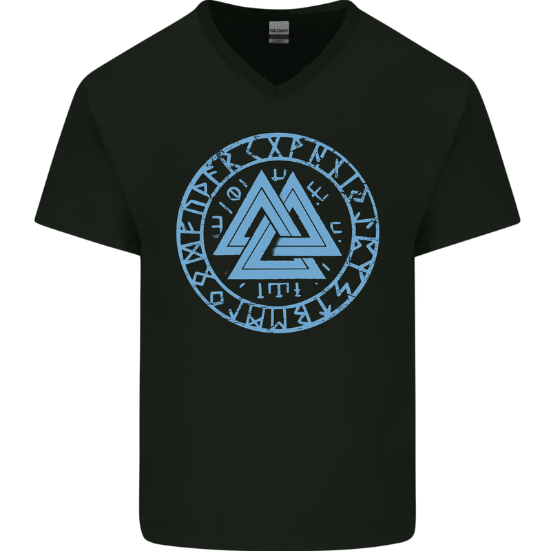Valknut Circle With Viking Text Blue Print Mens V-Neck Cotton T-Shirt Black