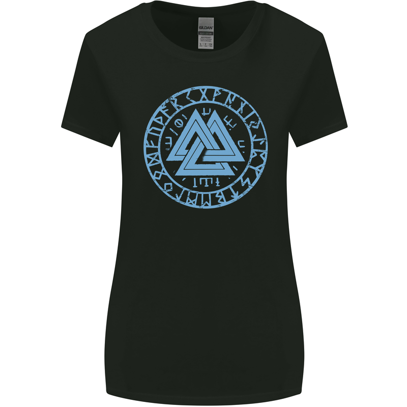 Valknut Circle With Viking Text Blue Print Womens Wider Cut T-Shirt Black