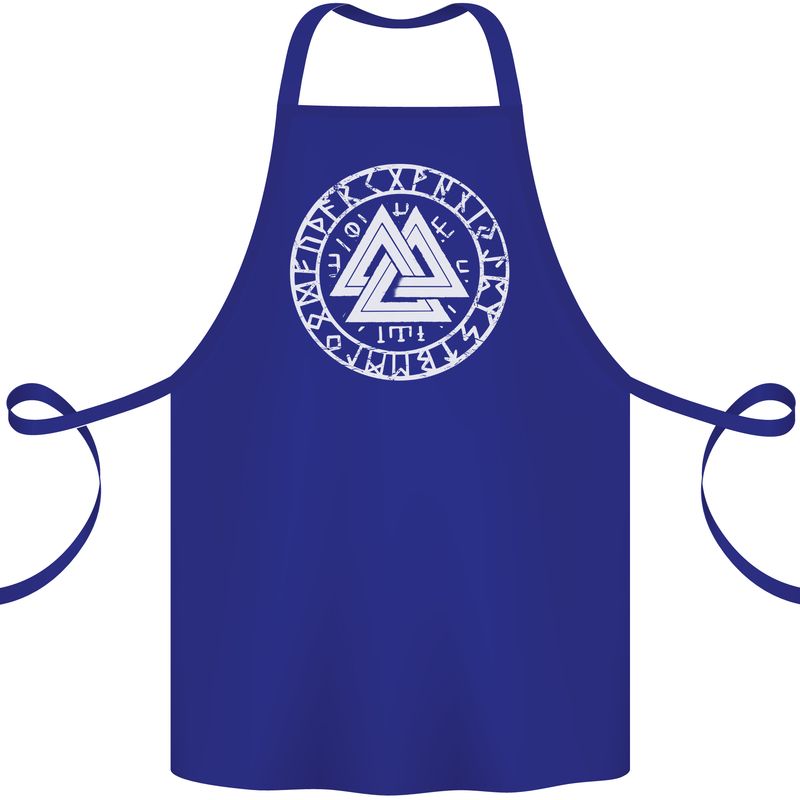Valknut Circle With Viking Text White Print Cotton Apron 100% Organic Royal Blue