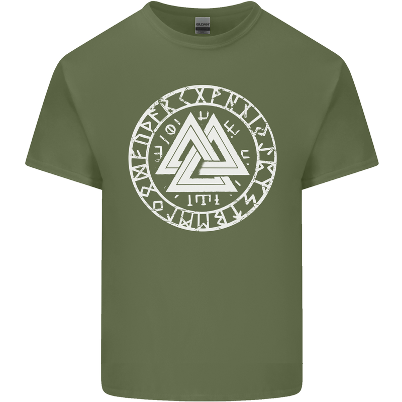 Valknut Circle With Viking Text White Print Mens Cotton T-Shirt Tee Top Military Green