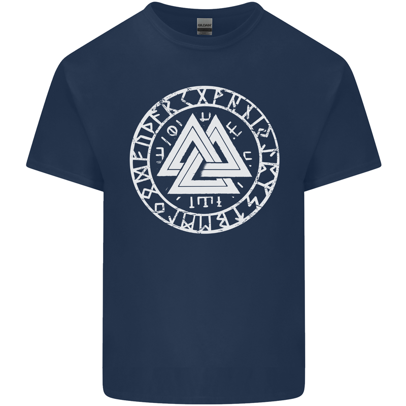 Valknut Circle With Viking Text White Print Mens Cotton T-Shirt Tee Top Navy Blue