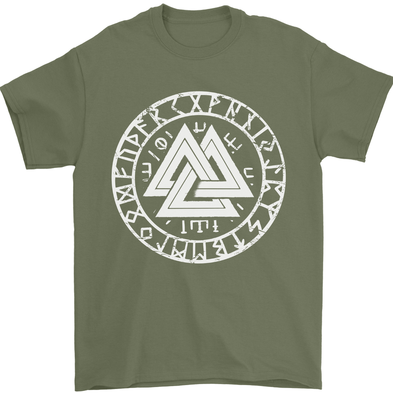 Valknut Circle With Viking Text White Print Mens T-Shirt 100% Cotton Military Green