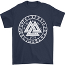 Valknut Circle With Viking Text White Print Mens T-Shirt 100% Cotton Navy Blue