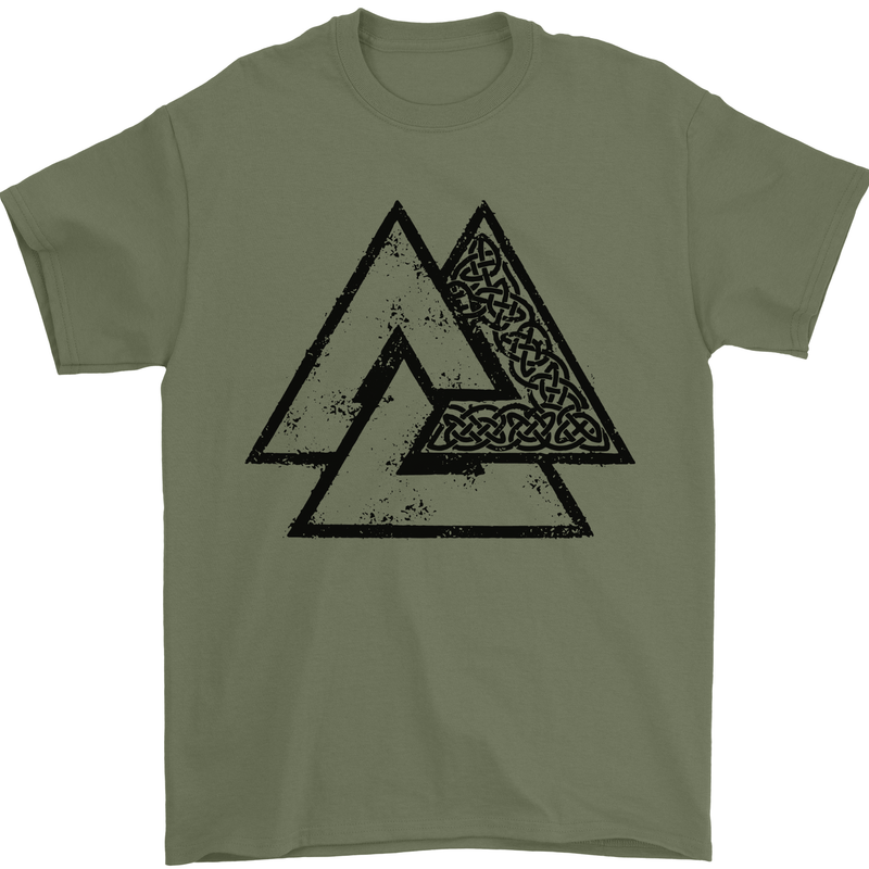 Valknut Symbol Vikings Gym With Black Print Mens T-Shirt 100% Cotton Military Green