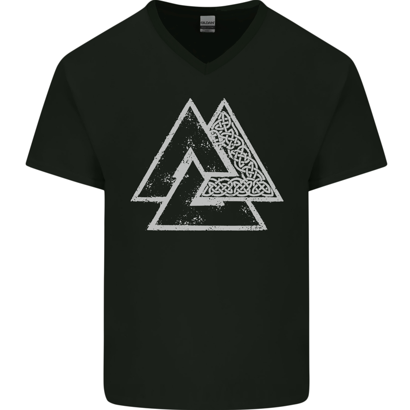 Valknut Symbol Vikings Gym With White Print Mens V-Neck Cotton T-Shirt Black