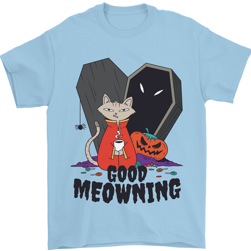 Vampire Cat Good Meowing Funny Halloween Mens T-Shirt 100% Cotton Light Blue