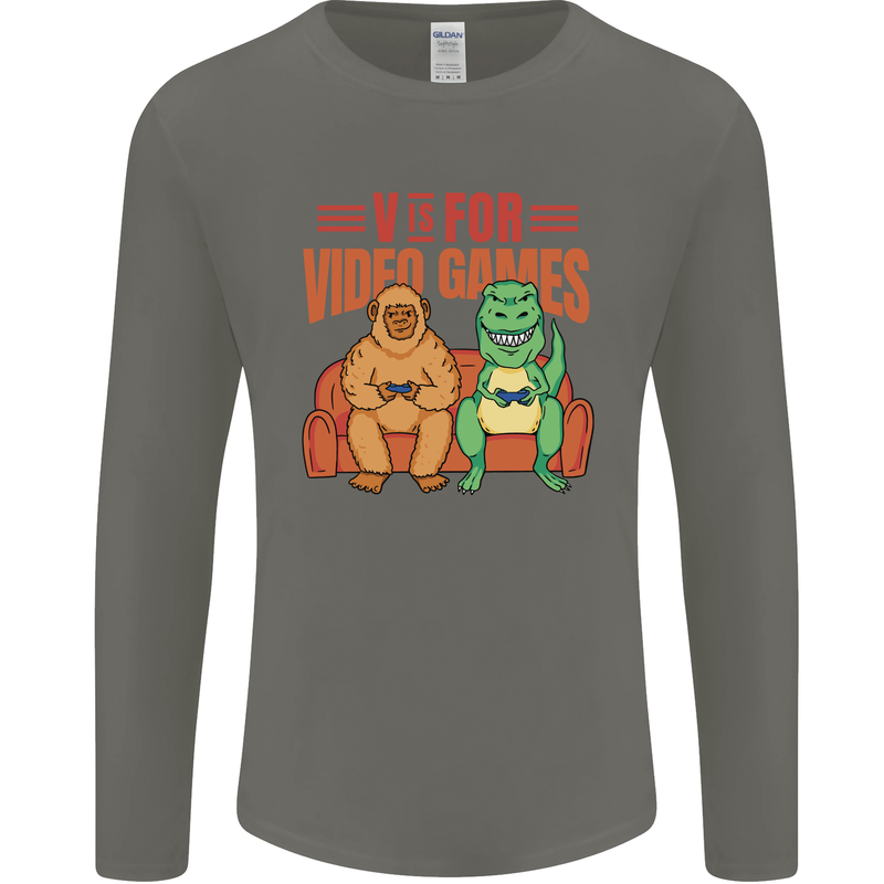 Video Games T-Rex Funny Bigfoot Dinosaur Mens Long Sleeve T-Shirt Charcoal