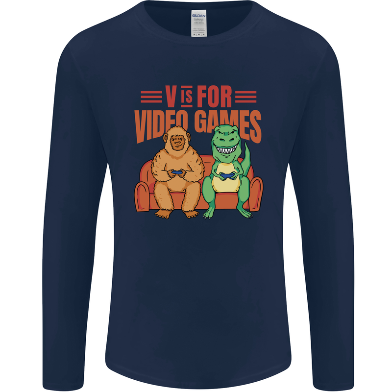 Video Games T-Rex Funny Bigfoot Dinosaur Mens Long Sleeve T-Shirt Navy Blue