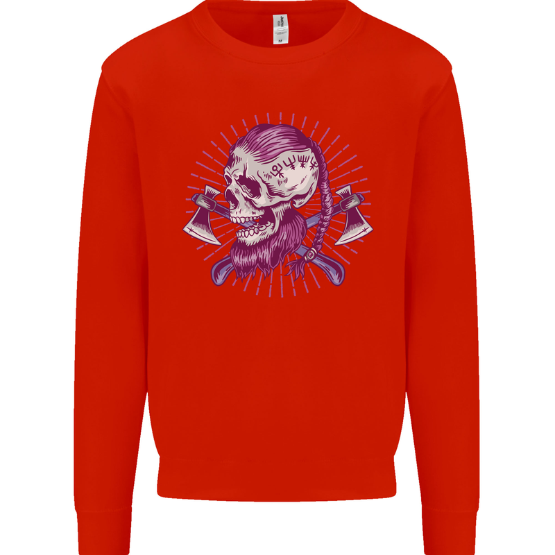 Viking Axe Skull Kids Sweatshirt Jumper Bright Red