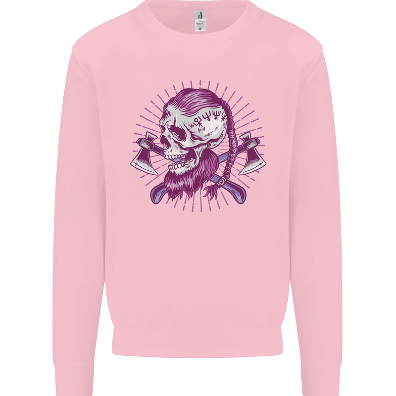 Viking Axe Skull Kids Sweatshirt Jumper Light Pink