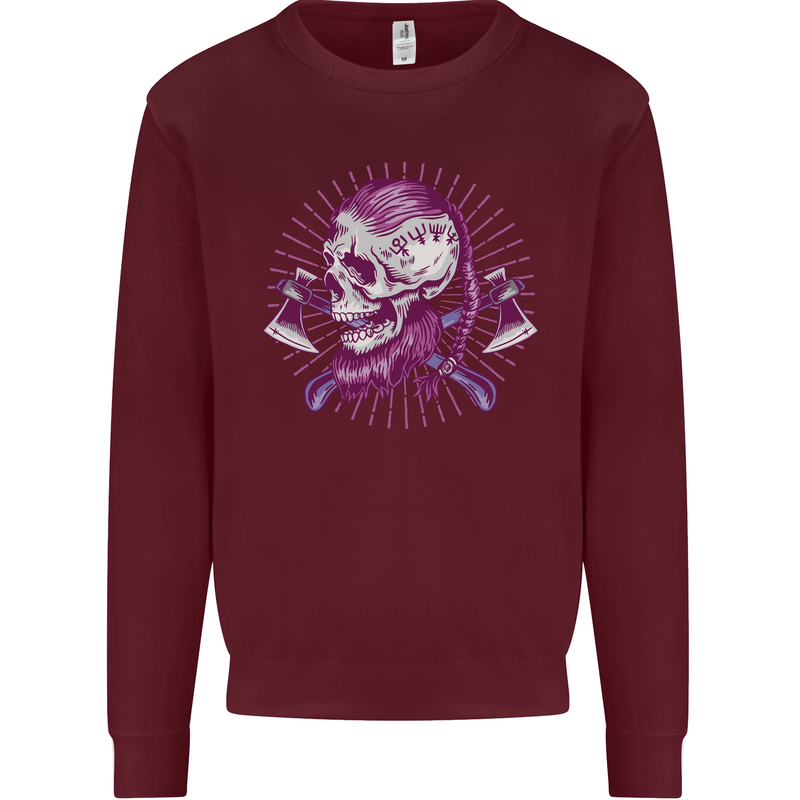 Viking Axe Skull Kids Sweatshirt Jumper Maroon