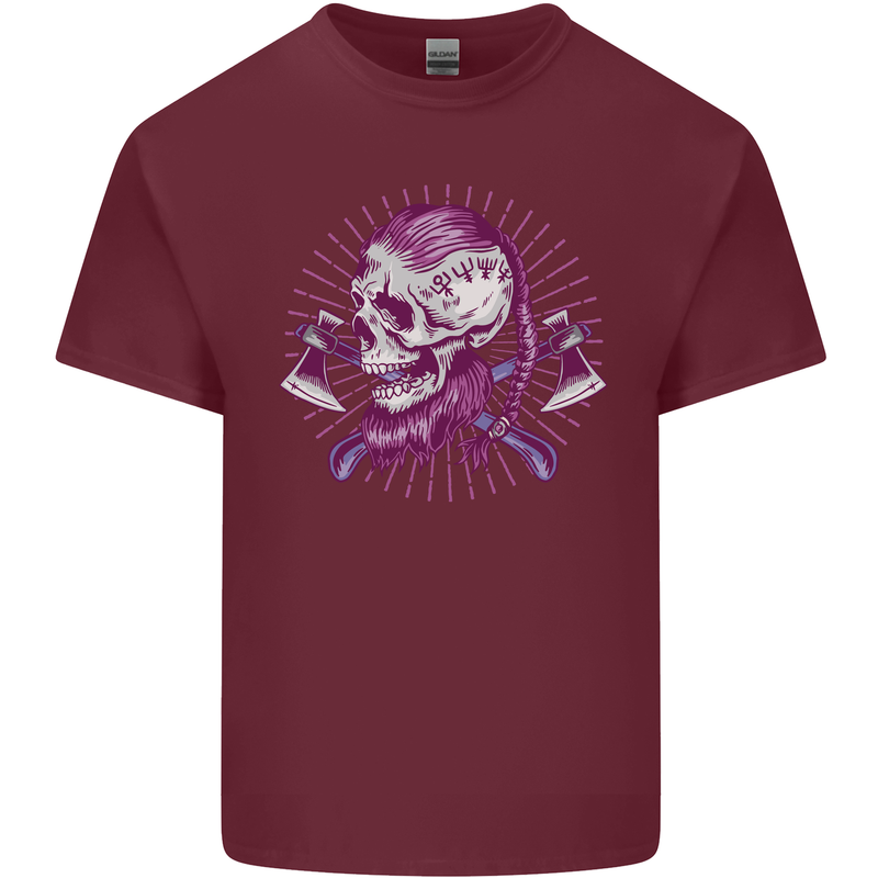Viking Axe Skull Mens Cotton T-Shirt Tee Top Maroon