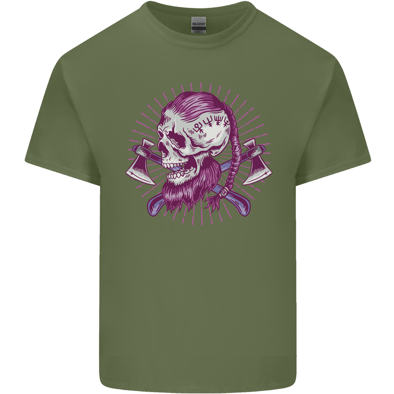 Viking Axe Skull Mens Cotton T-Shirt Tee Top Military Green