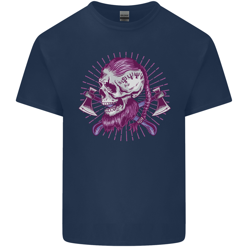 Viking Axe Skull Mens Cotton T-Shirt Tee Top Navy Blue