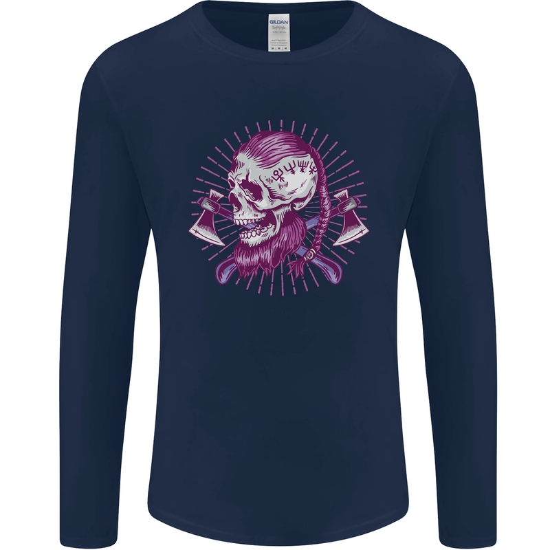 Viking Axe Skull Mens Long Sleeve T-Shirt Navy Blue