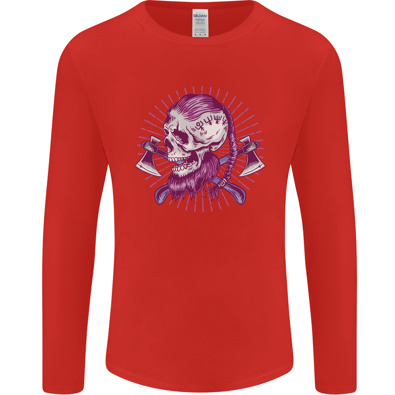Viking Axe Skull Mens Long Sleeve T-Shirt Red