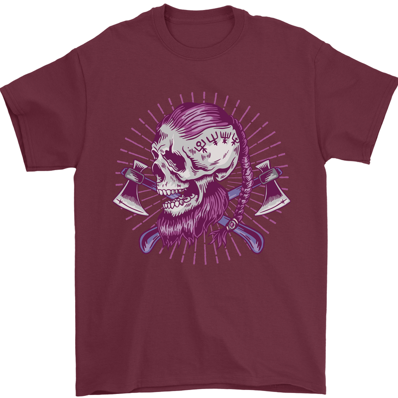 Viking Axe Skull Mens T-Shirt 100% Cotton Maroon