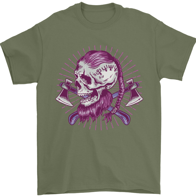Viking Axe Skull Mens T-Shirt 100% Cotton Military Green