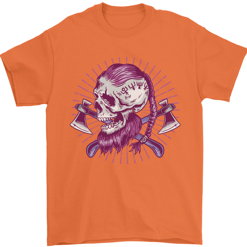 Viking Axe Skull Mens T-Shirt 100% Cotton Orange