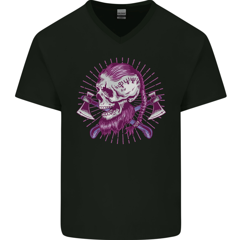 Viking Axe Skull Mens V-Neck Cotton T-Shirt Black