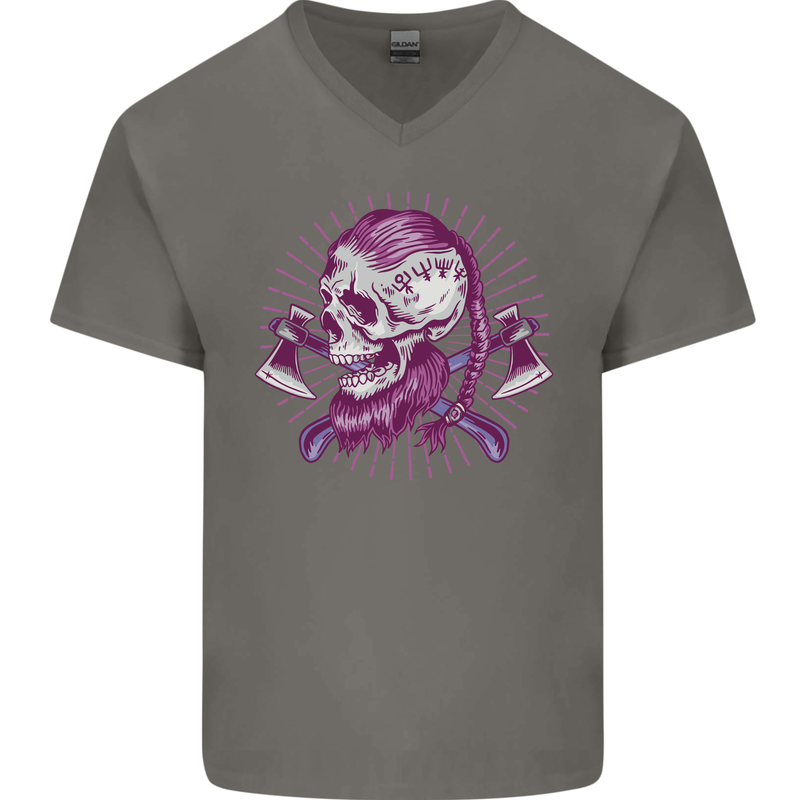 Viking Axe Skull Mens V-Neck Cotton T-Shirt Charcoal
