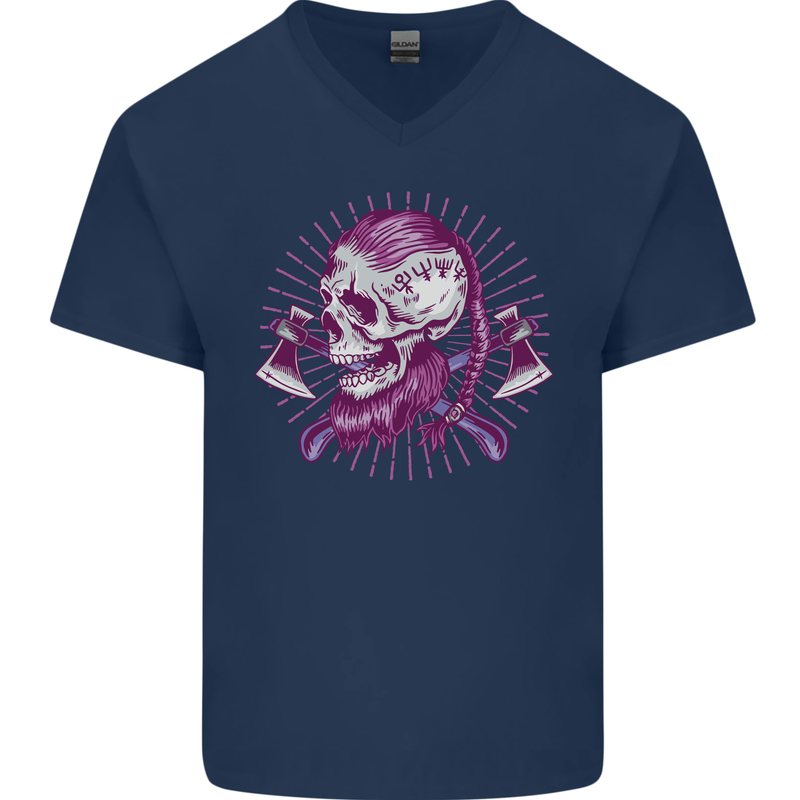 Viking Axe Skull Mens V-Neck Cotton T-Shirt Navy Blue