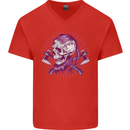 Viking Axe Skull Mens V-Neck Cotton T-Shirt Red