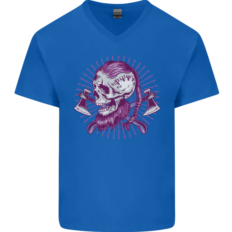 Viking Axe Skull Mens V-Neck Cotton T-Shirt Royal Blue