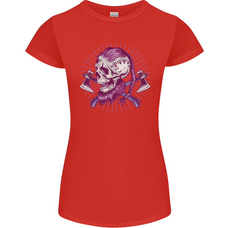 Viking Axe Skull Womens Petite Cut T-Shirt Red