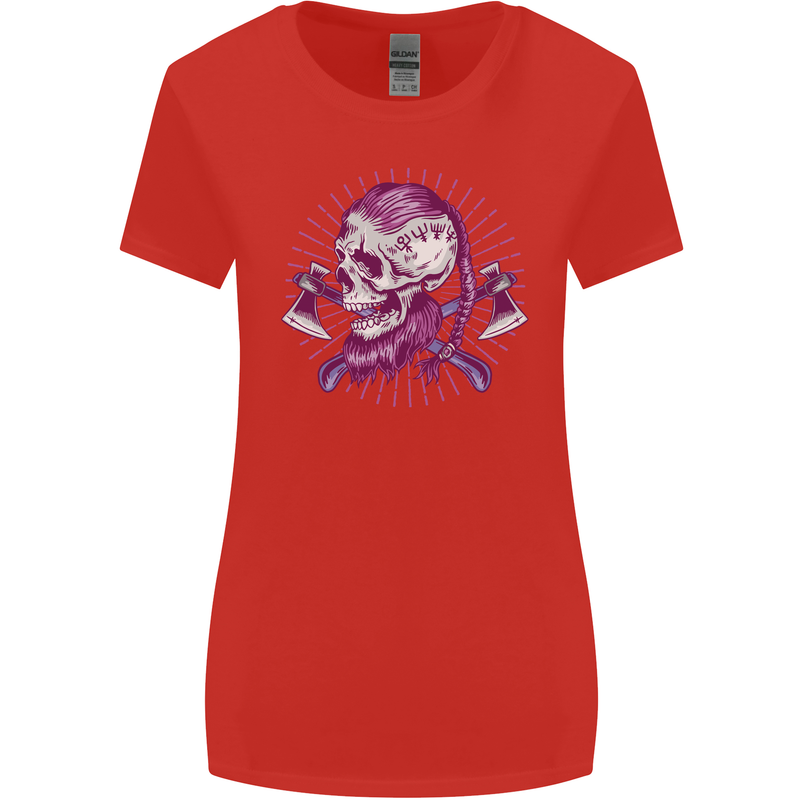 Viking Axe Skull Womens Wider Cut T-Shirt Red
