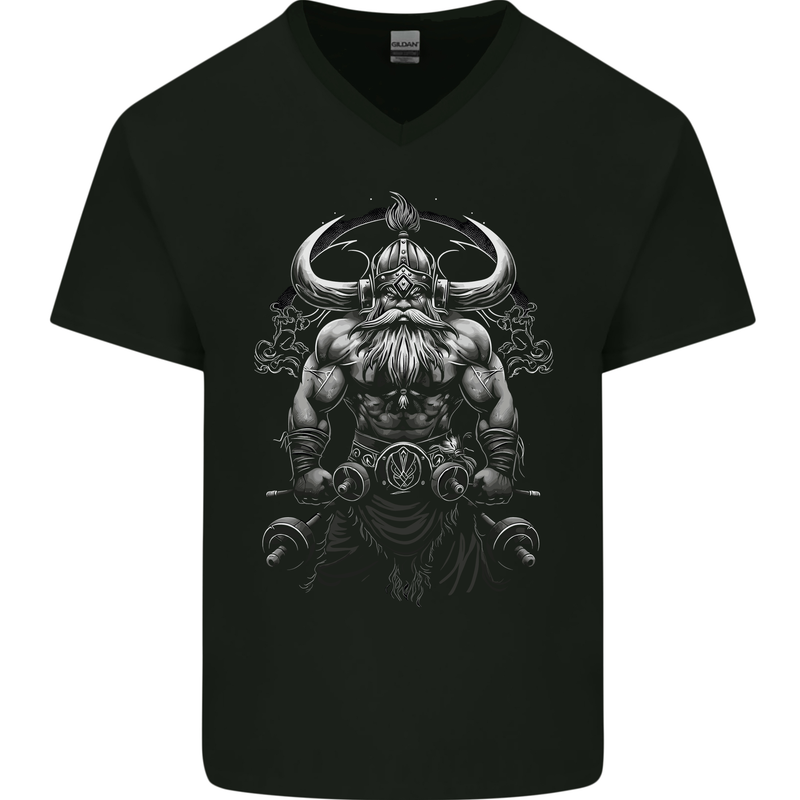 Viking Bodybuilder Gym Fantasy Mens V-Neck Cotton T-Shirt Black