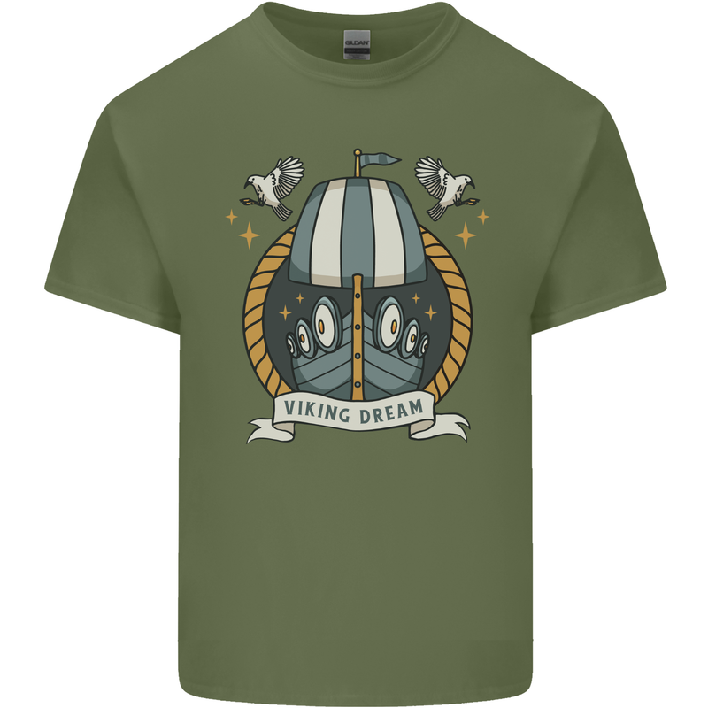 Viking Dream Ship Mens Cotton T-Shirt Tee Top Military Green