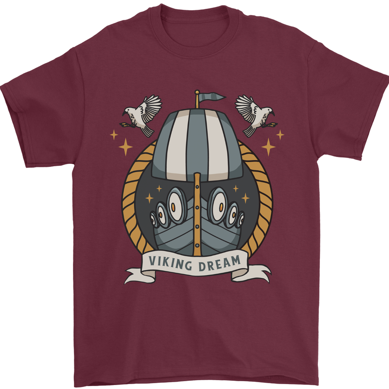 Viking Dream Ship Mens T-Shirt 100% Cotton Maroon