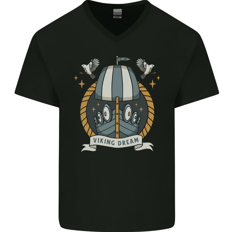 Viking Dream Ship Mens V-Neck Cotton T-Shirt Black