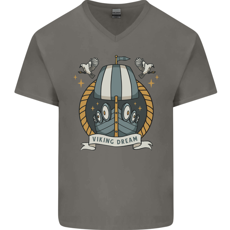 Viking Dream Ship Mens V-Neck Cotton T-Shirt Charcoal
