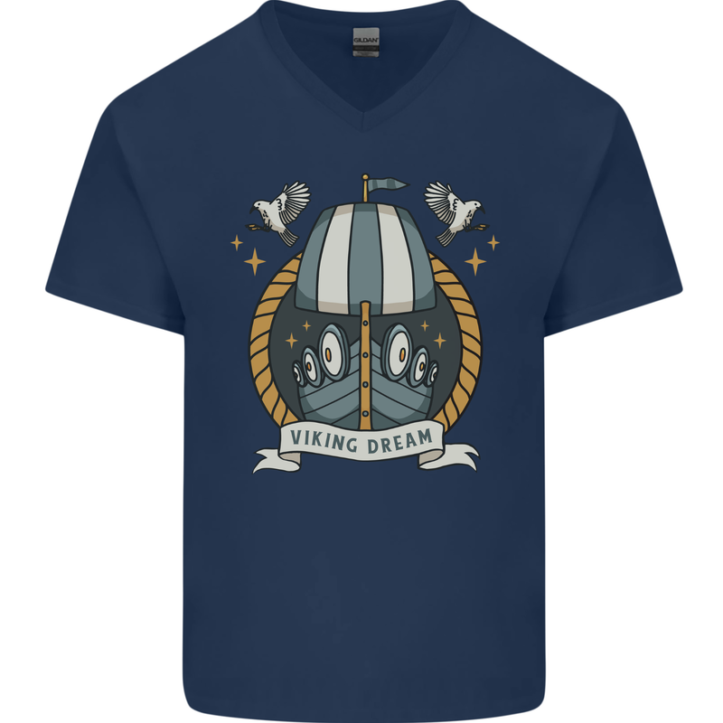 Viking Dream Ship Mens V-Neck Cotton T-Shirt Navy Blue