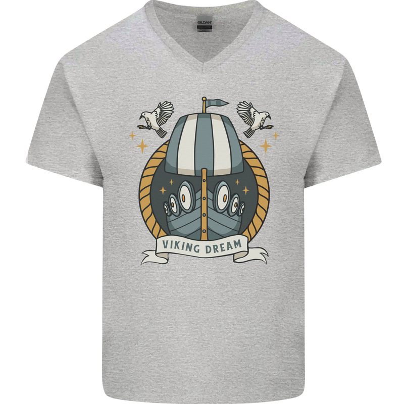Viking Dream Ship Mens V-Neck Cotton T-Shirt Sports Grey