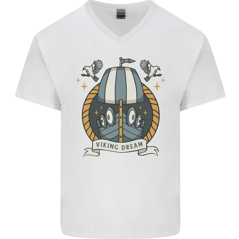 Viking Dream Ship Mens V-Neck Cotton T-Shirt White