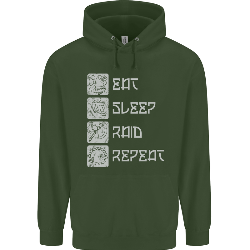 Viking Eat Sleep Raid Thor Valhalla Funny Mens 80% Cotton Hoodie Forest Green